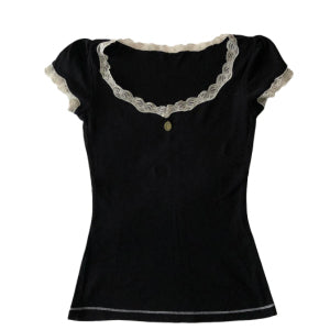 Women's Short Sleeve Lace T-Shirt – Black, Red & Plaid - - Tops