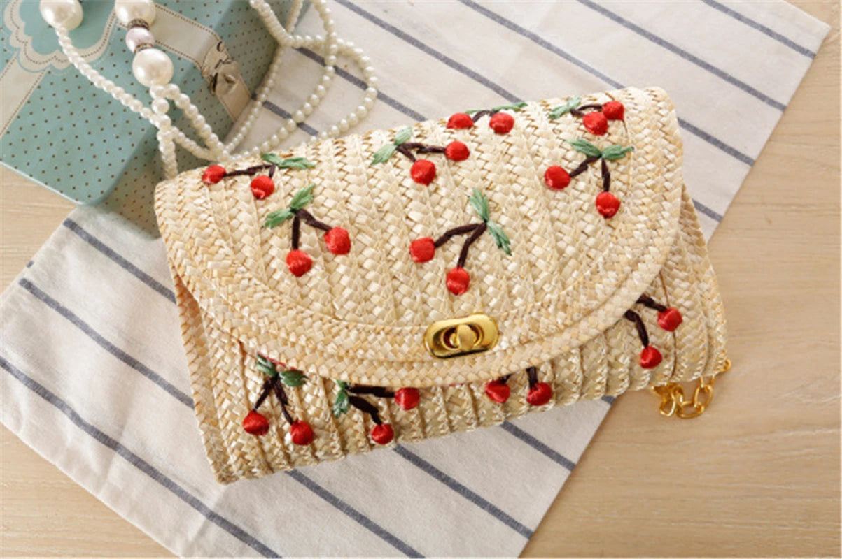 Women Clutch Bags Rattan Weave Shoulder Bag Ladies Wicker Cherry Purse