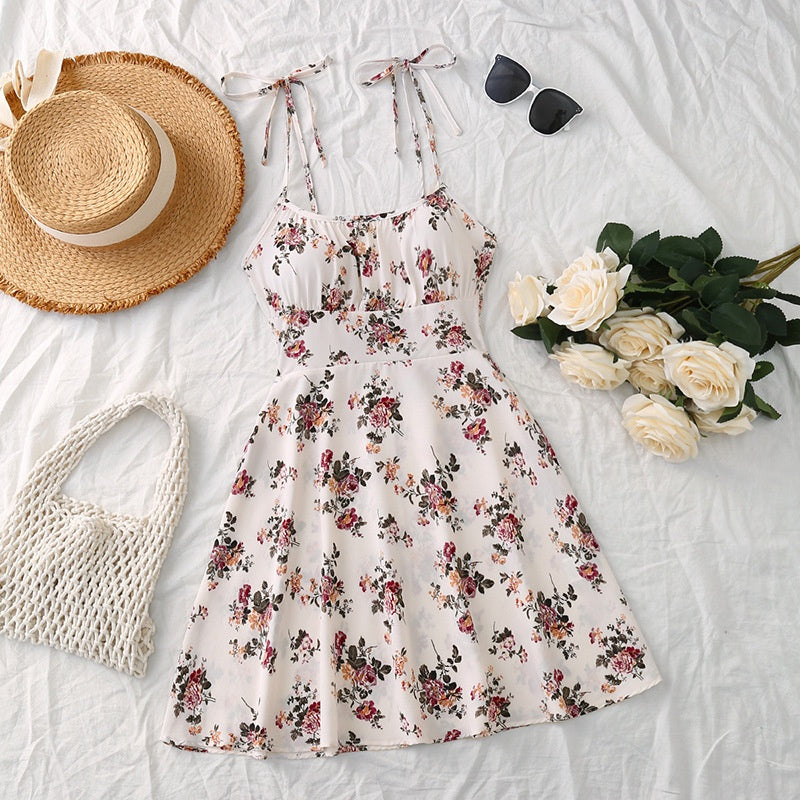 Women's Floral A-Line Mini Dress — Open Back, 10 Colors, XS–XXL - White background with flowers - Women's Clothing