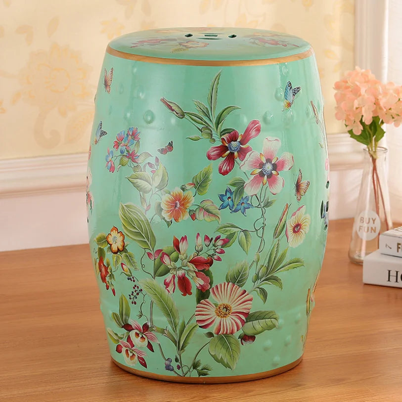 Decorative Drum Ceramic Stools Hand Painted Chinese Flower and Bird Pattern Art