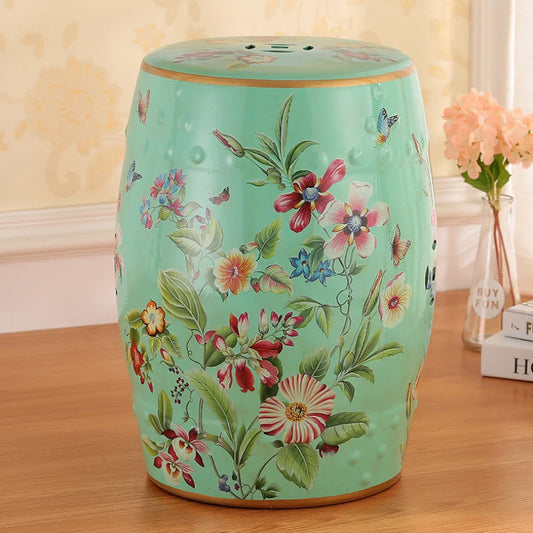 Decorative Drum Ceramic Stools Hand Painted Chinese Flower and Bird Pattern Art