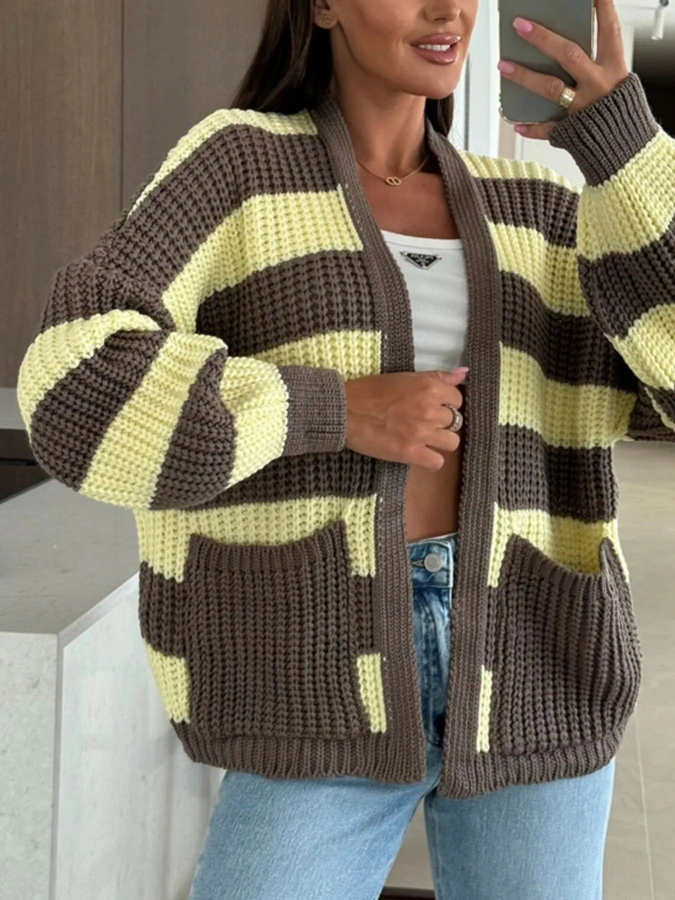 Striped Open Front Long Sleeve Cardigan - -