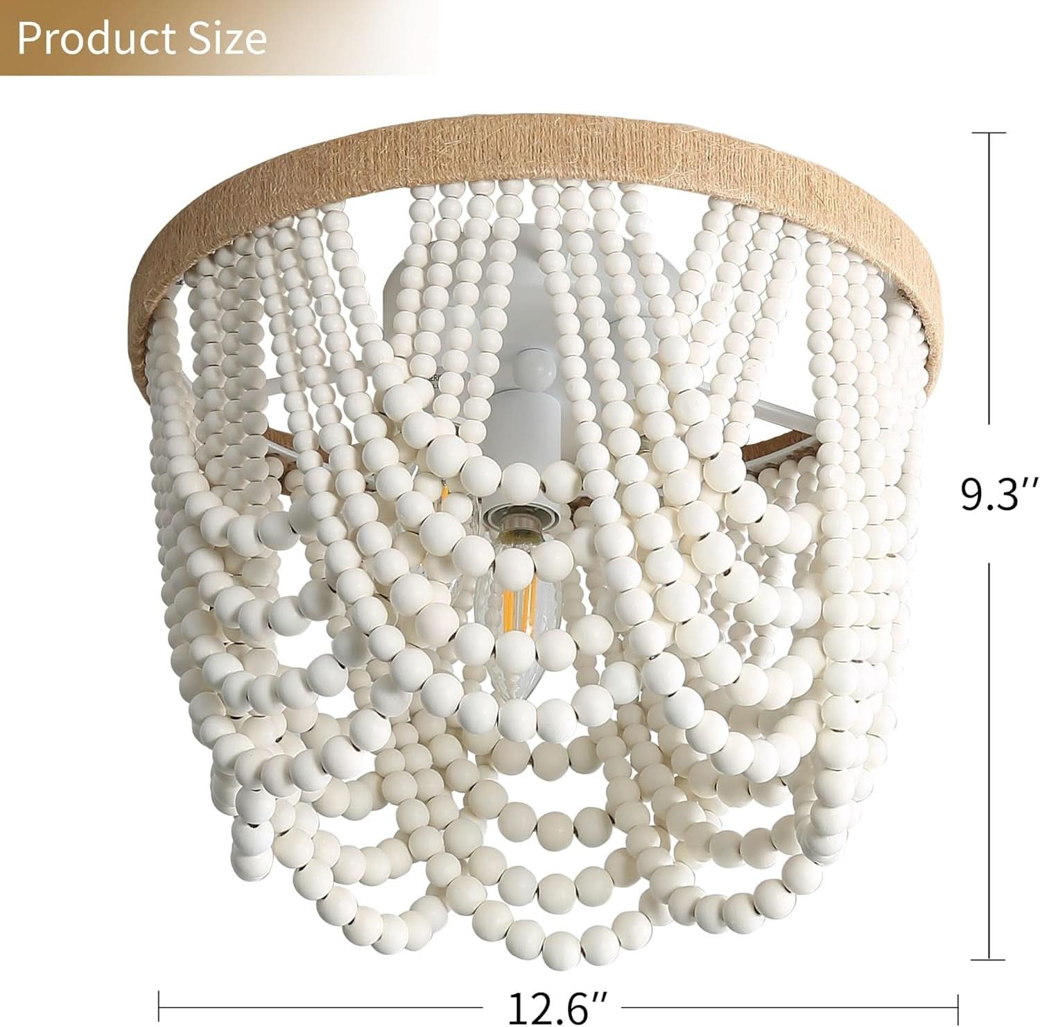 Three Light White Wood Bead Bohemian Chandelier Handmade - -
