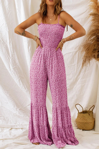 Smocked Printed Wide Strap Jumpsuit - -