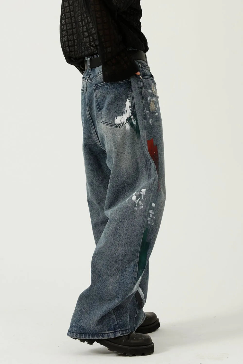 Washed Distressed Wide-Leg Jeans - -