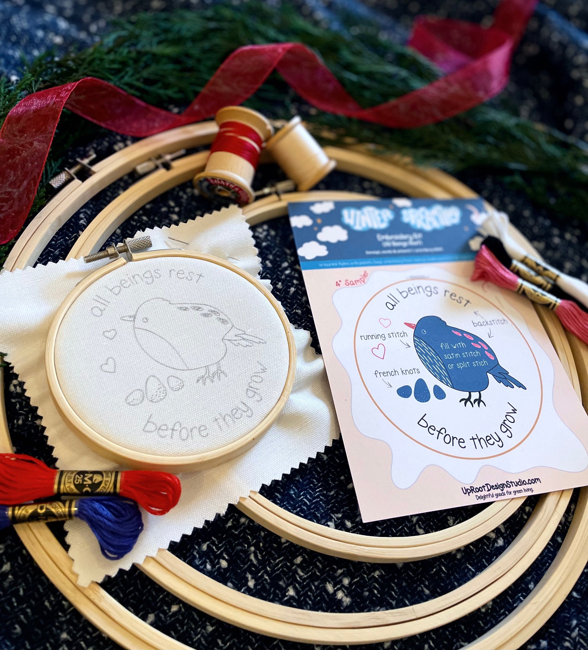 "Cozy Stitches" Trio Gift Set: Eco-Embroidery Kit, Mindfulness Journal, Mint Tea, Honey, Greeting Card (Winter Dreaming) - - Gift Set