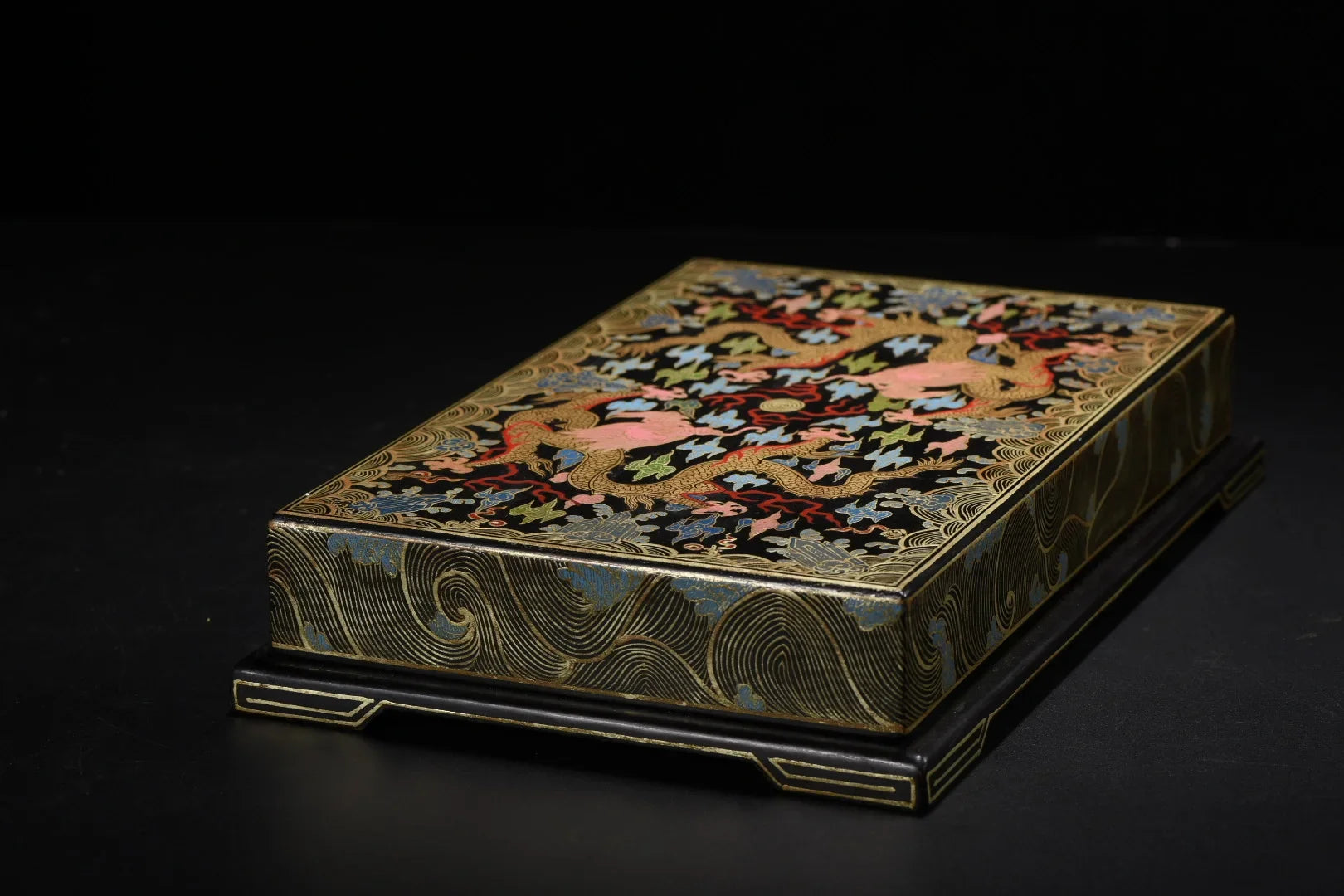 Old Wood Lacquer Wenfang Box – Gold-Outline Floral Dragon Storage - - Deccorative box