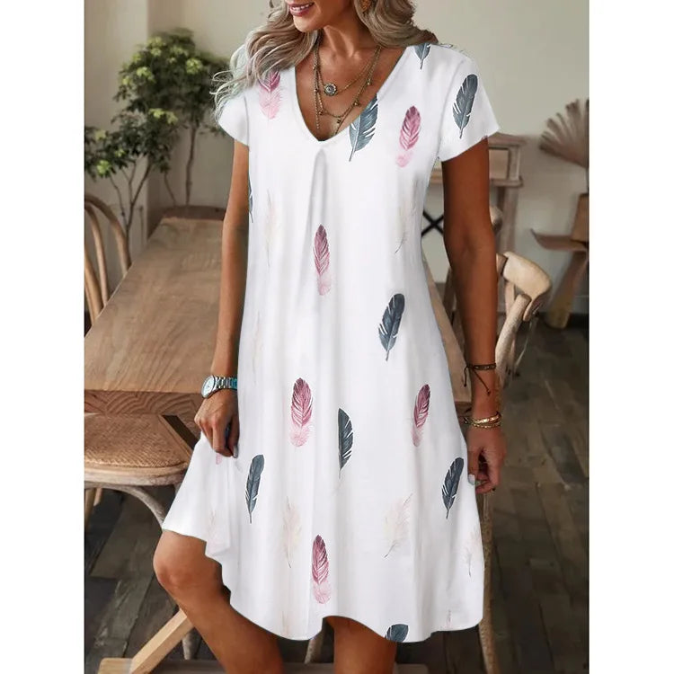 Leisure Style V-Neck Loose Digital Printed Short Sleeved Long  Knee Dress