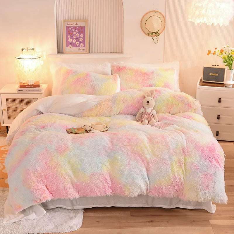 Rainbow Color Velvet Fluffy Plush Soft Bedding Bed Warm for Girl Sheet Set 4