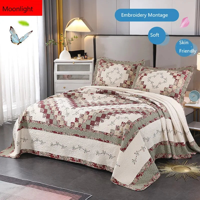 Red Green Embroidery Flora Splicing Montage Comforter Set