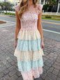 Smocked Ruffle Layered Floral Midi Dress - Multicolor -