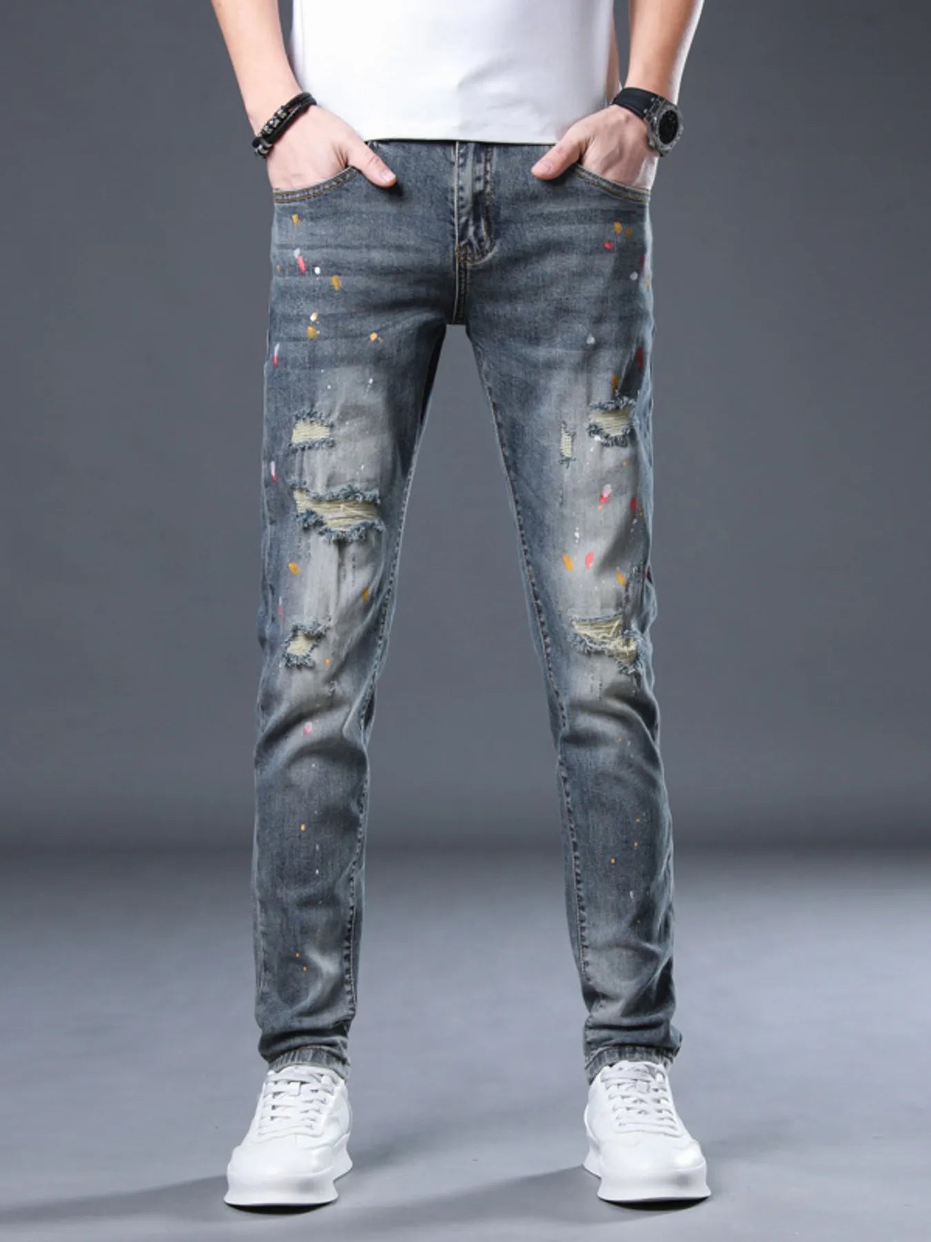 Men's Distressed Slim Fit Jeans - Blue -