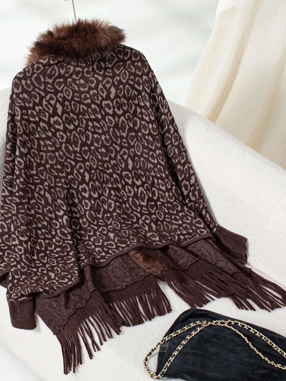 Fringe Leopard Open Front Long Sleeve Poncho - -