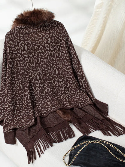 Fringe Leopard Open Front Long Sleeve Poncho - -
