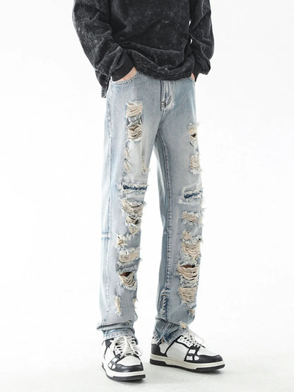 Men's Washed Distressed Straight Jeans - Vintage Blue -