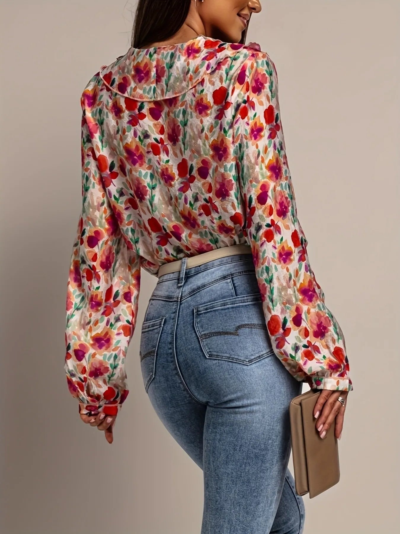 Floral Print Ruffle V-Neck Long Sleeve Blouse - -