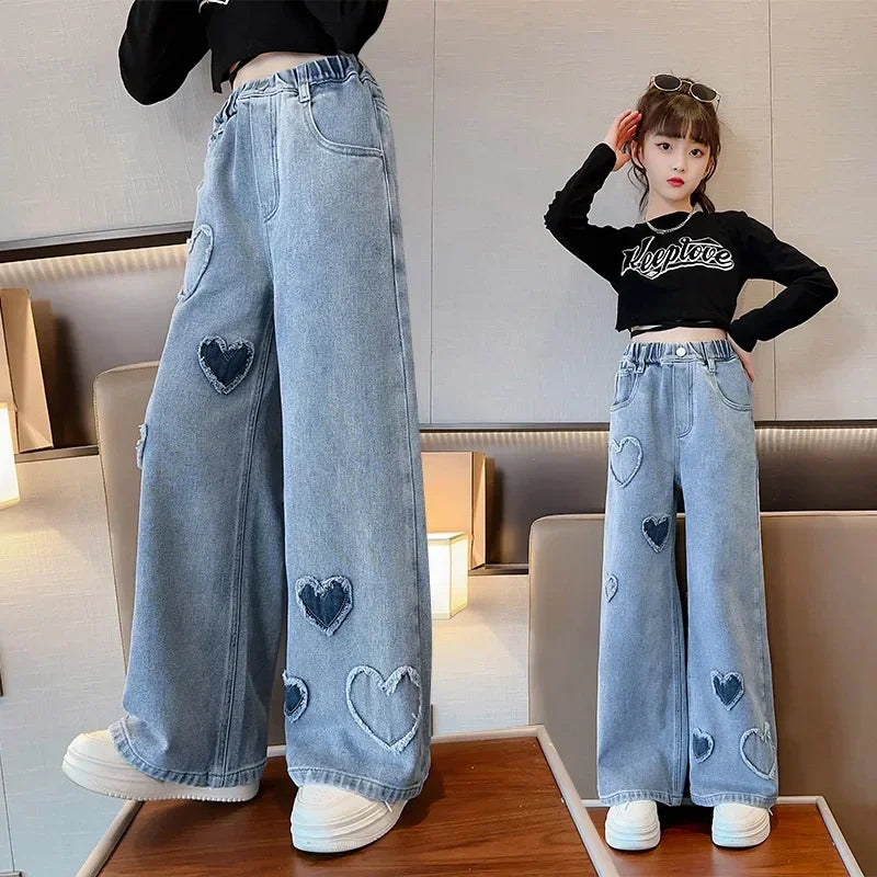 Girls Blue Heart Wide Leg Jeans