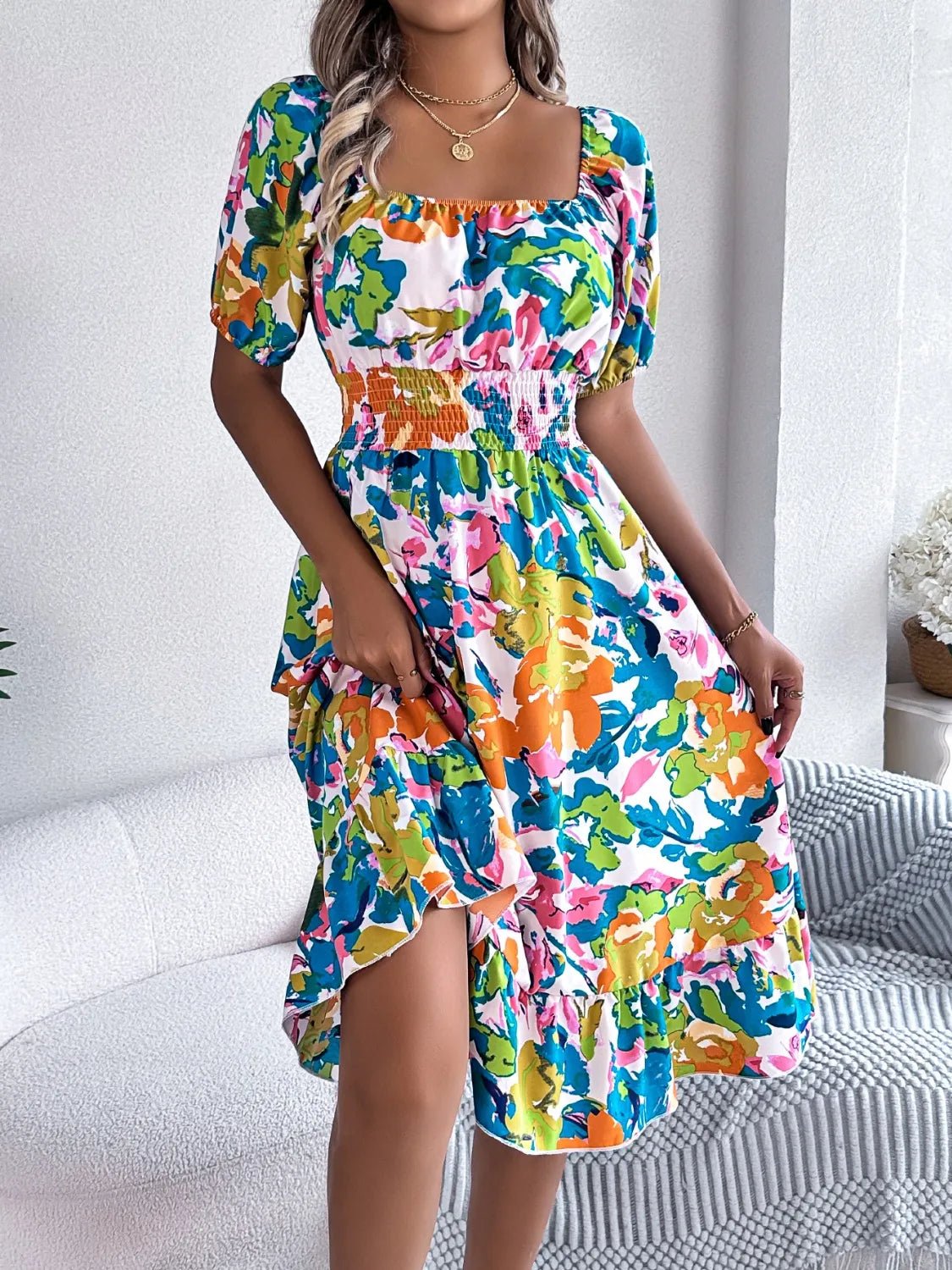 Ruffled Hem Smocked Floral Short Sleeve Midi Dress - -