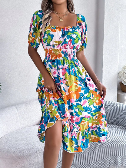 Ruffled Hem Smocked Floral Short Sleeve Midi Dress - -