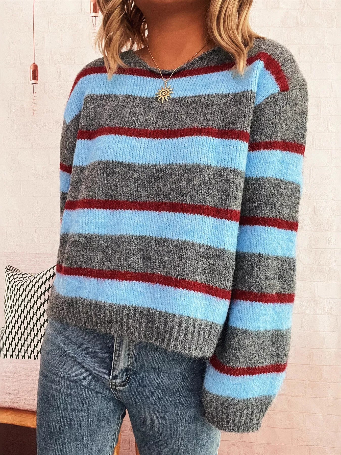 Striped Round Neck Long Sleeve Sweater - -