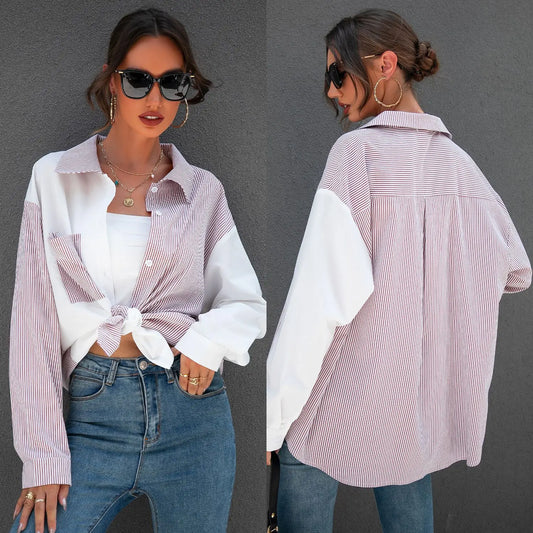 White Striped Top Two Style Turn Down Collar Shirt