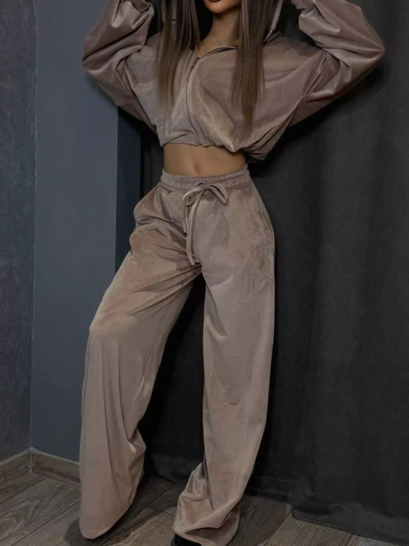 Zip Up Cropped Outerwear and Pants Set - -