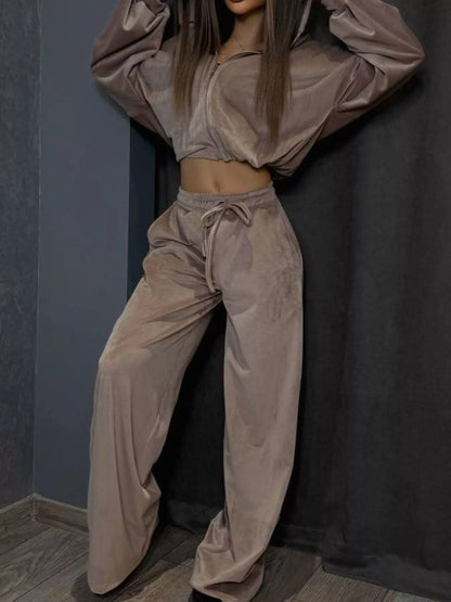 Zip Up Cropped Outerwear and Pants Set - -