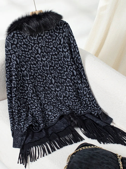 Fringe Leopard Open Front Long Sleeve Poncho - -