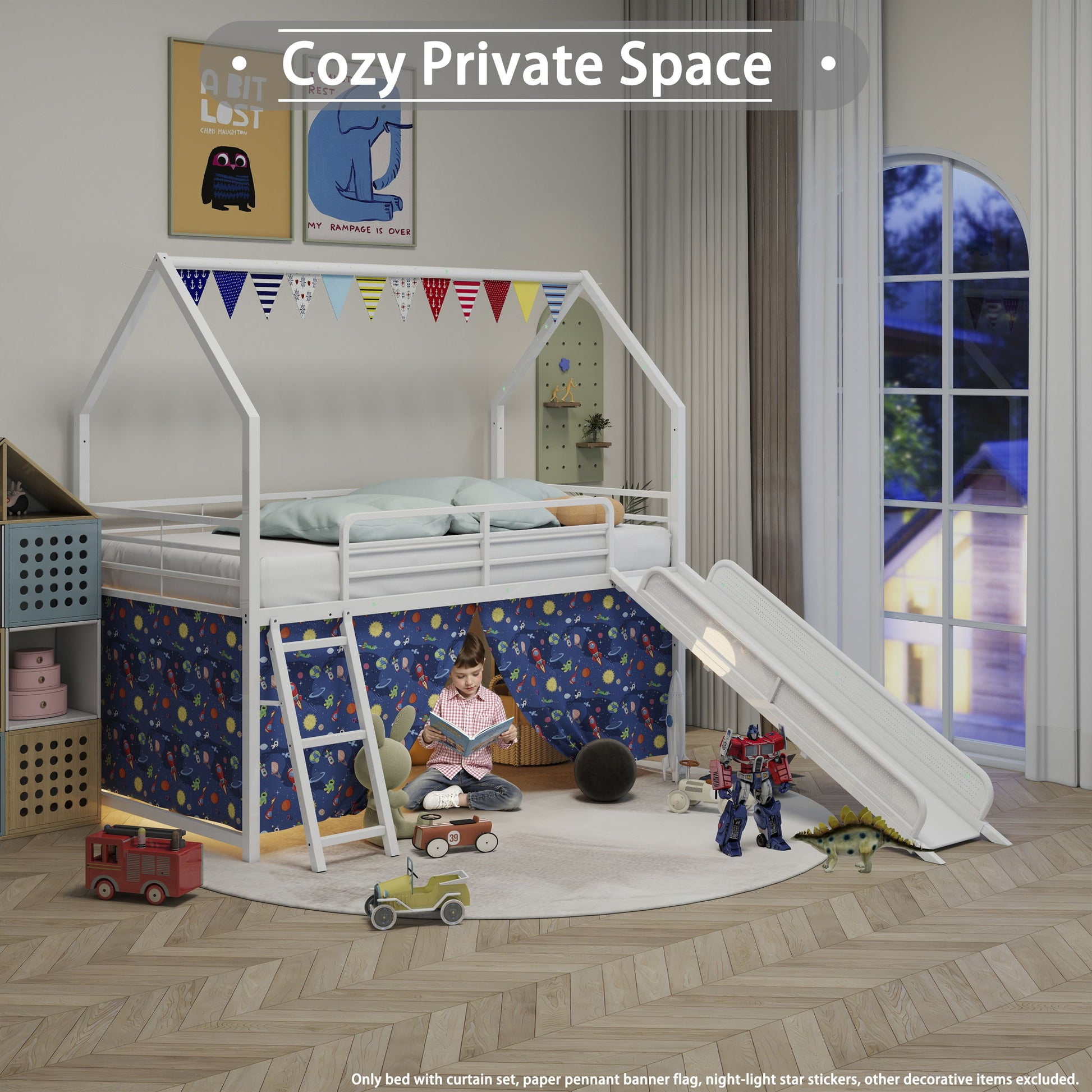 Jack - House Loft Bed With Slide And Curtain Set- HouseOfZazla- {{Product type}}