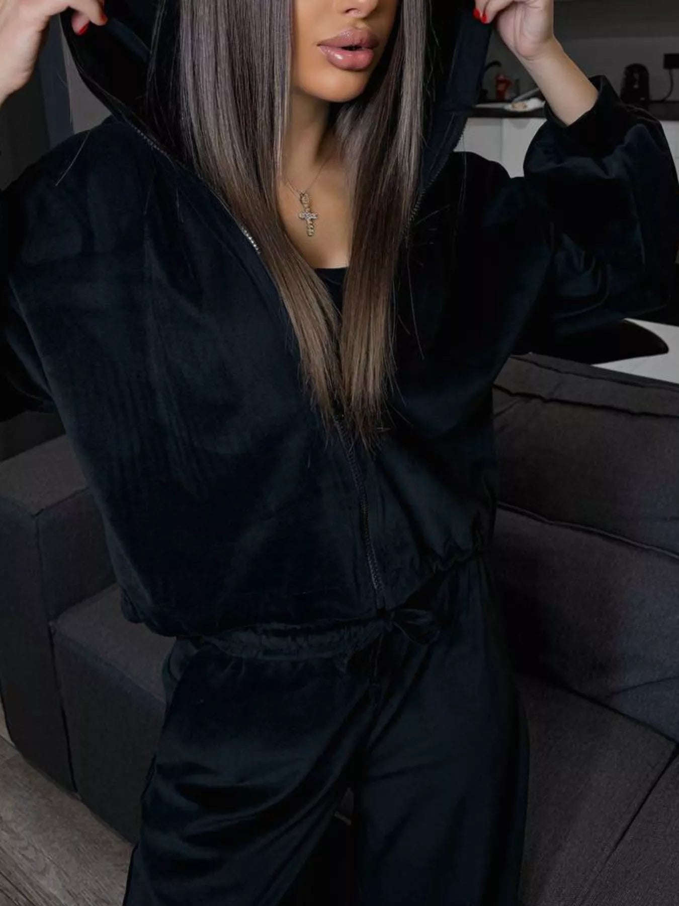 Zip Up Cropped Outerwear and Pants Set - -
