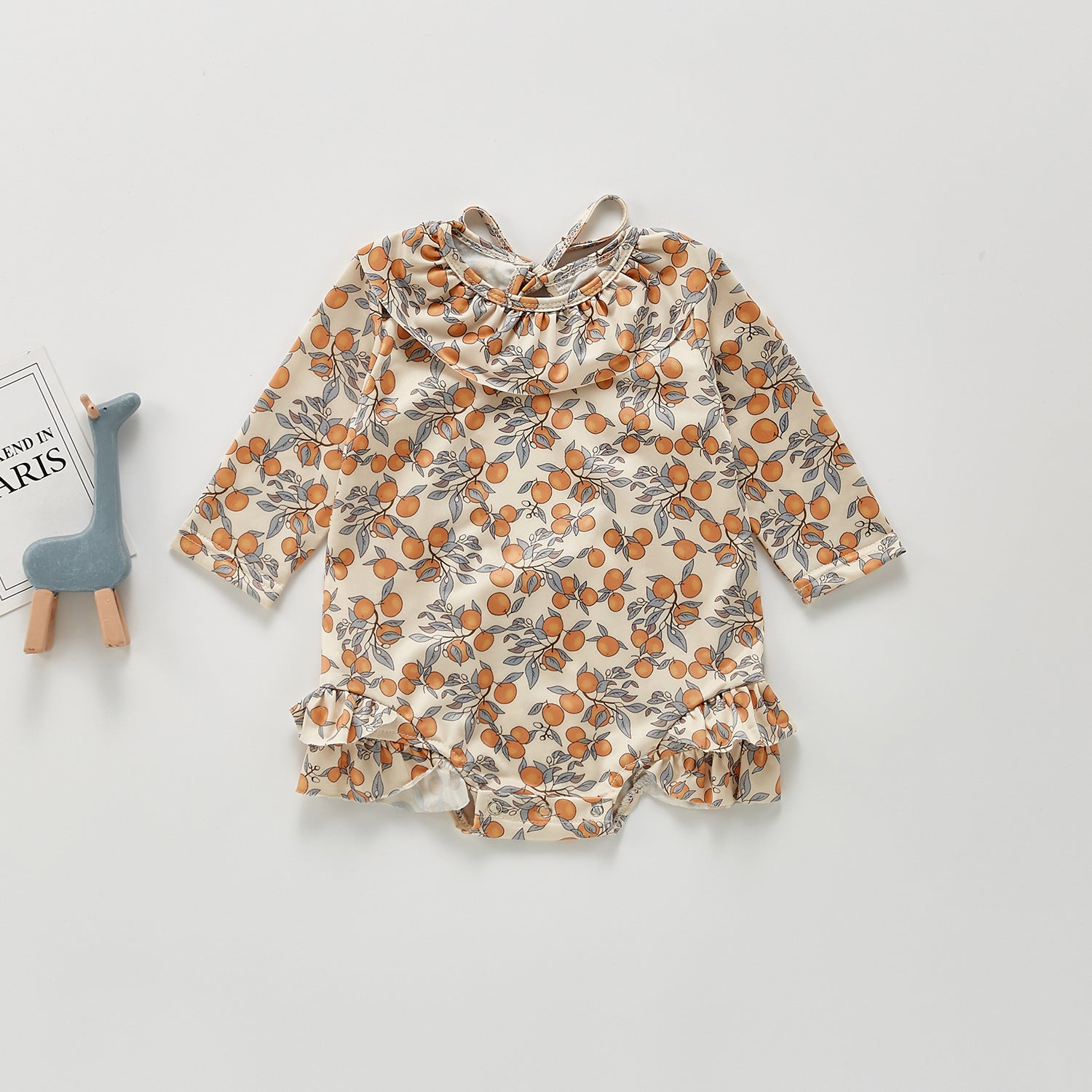 Cute Lemon Floral Ruffled One-Piece Swimsuit - Brown Long sleeve 80cm - baby swimsuit