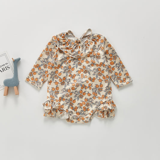 Cute Lemon Floral Ruffled One-Piece Swimsuit - Brown Long sleeve 80cm - baby swimsuit