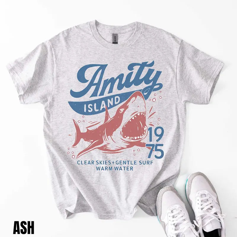 Jaws Amity Island 1975 T-Shirt – Retro Movie Inspired Graphic Tee, Remastered Heavy Cotton Film Buff Top, Soft Lived-In Vintage Summer Beach Shirt, Made in USA - - T-Shirt