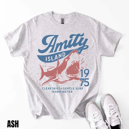 Jaws Amity Island 1975 T-Shirt – Retro Movie Inspired Graphic Tee, Remastered Heavy Cotton Film Buff Top, Soft Lived-In Vintage Summer Beach Shirt, Made in USA - - T-Shirt