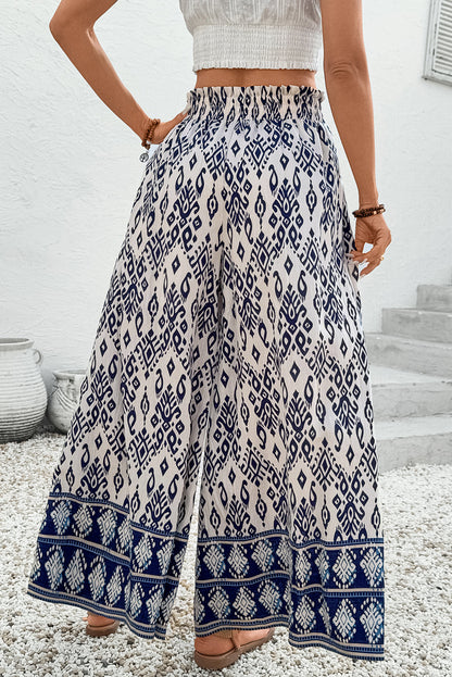 Blue Boho Pattern Print High Waist Wide Leg Loose Pants - - Bottoms/Pants & Culotte