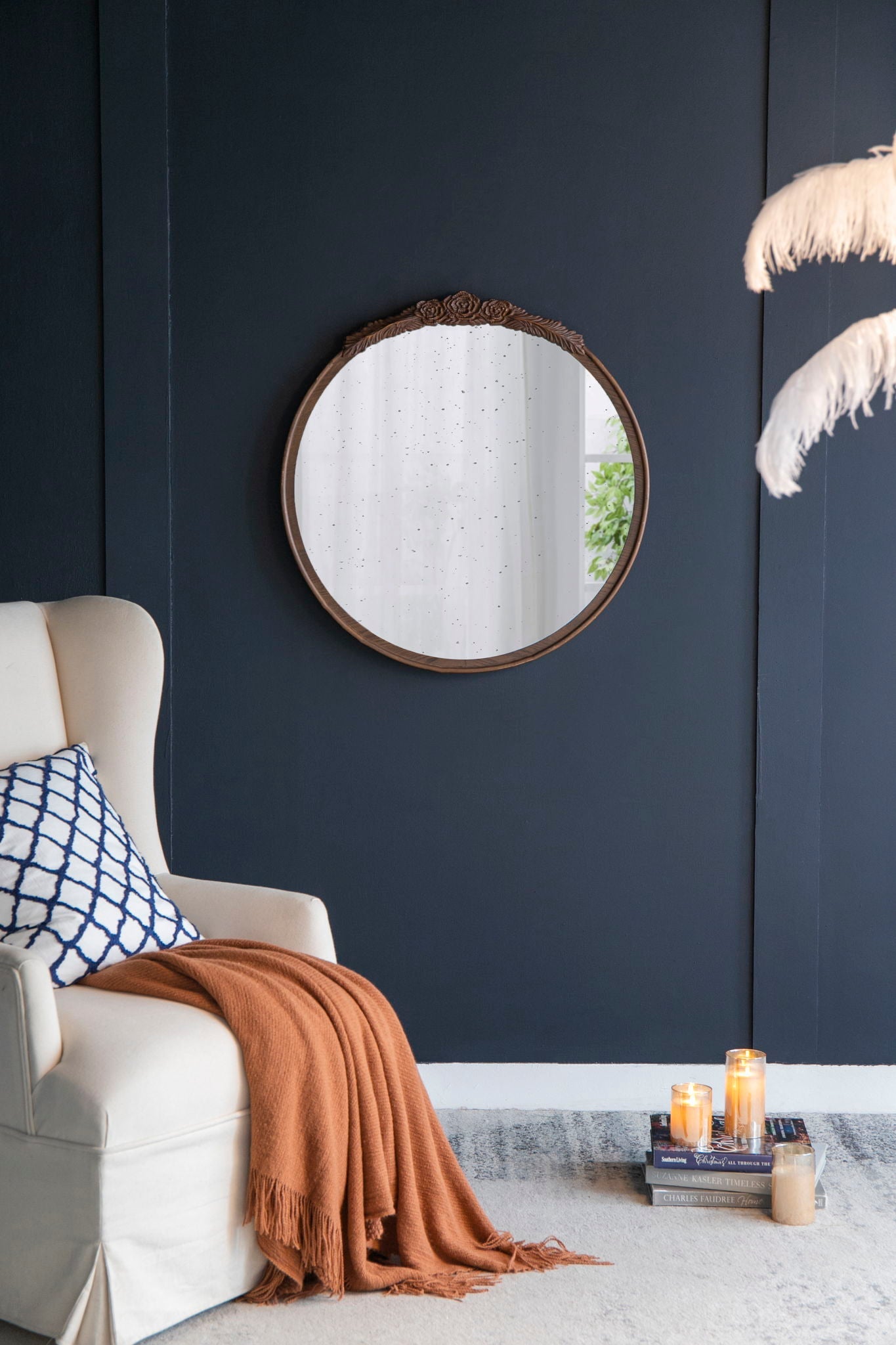 Round Hand Carved Rose Antique Mirror Frame, Wall Mirror For Live Space - - Wall Mirrors
