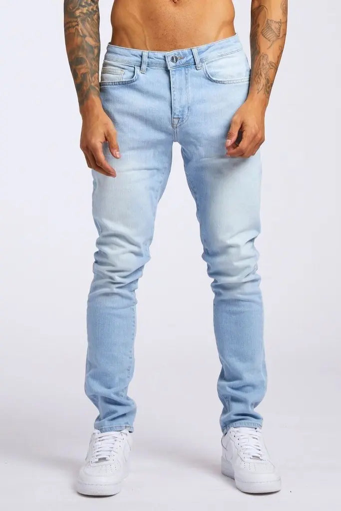 Retro Fashion Slim Fit Ripped Jeans Blue Denim Pants for Men