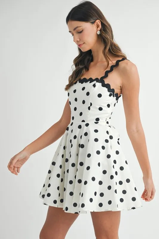 Polka Dot Mini Dress with Ricrac Trim Strap – Fun Polka Dot Pattern, Fluttering, Unique Ricrac Trim Strap, Playful and Stylish Mini Dress, Versatile Summer Dress - - ST25JK983762