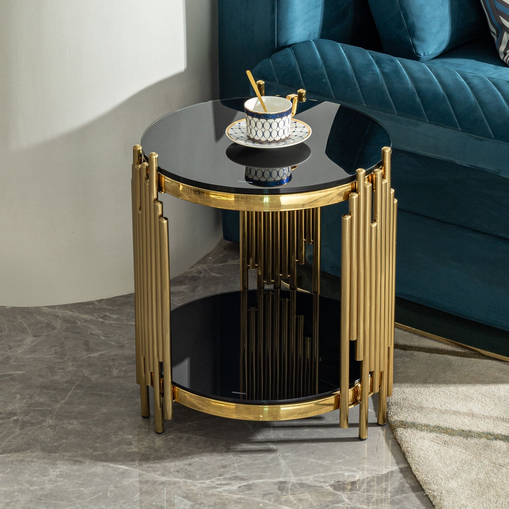 Elegant Round Table With Double Layer Tempered Glass Top And Stainless Steel Frame For Living Room - - Side Tables