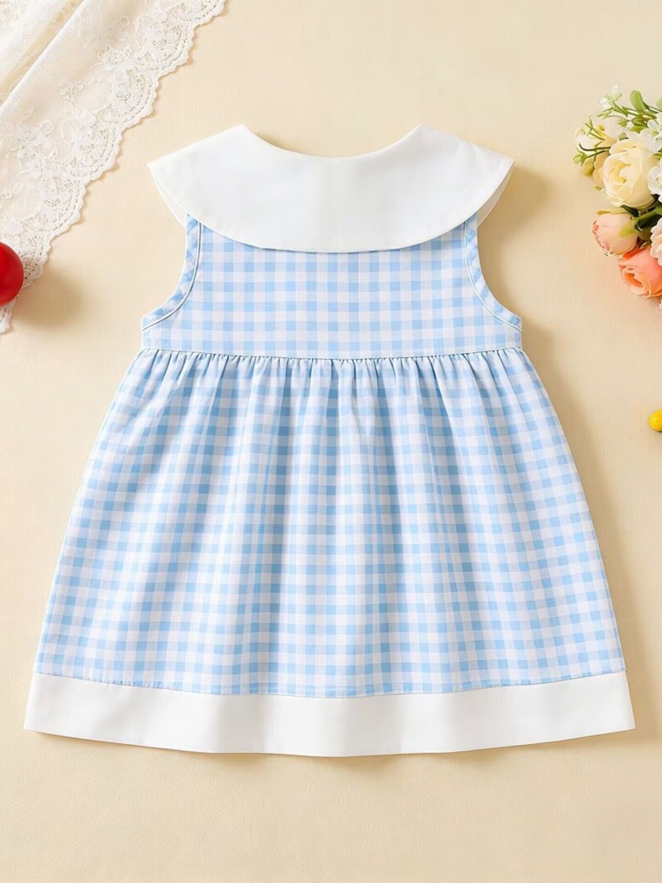 Children's Fruit Embroidered Sleeveless Plaid Dress - -
