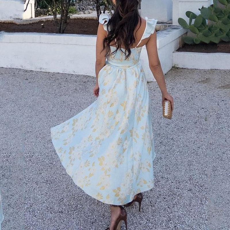 Summer Vintage Floral Print Strappy Dress - - dress