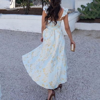 Summer Vintage Floral Print Strappy Dress - - dress
