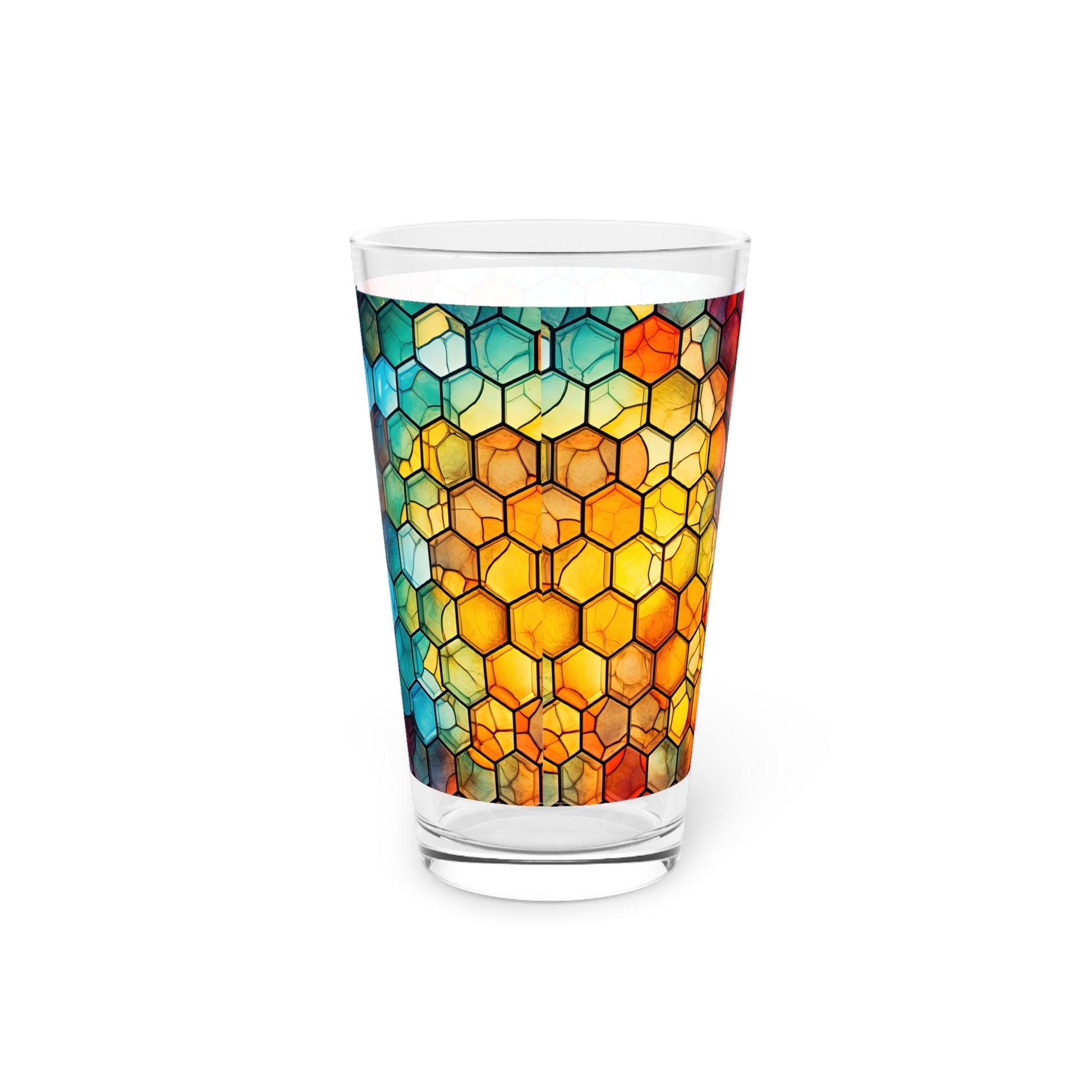 Honeycomb Suprise: A Blue and Yellow Honeycomb Stained Glass Artwork on a 16oz Pint Glass Gift idea gifts for home decor housewarming gift - - Mug