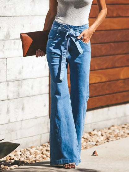 High-Waisted Tie-Front Flare Jeans - -
