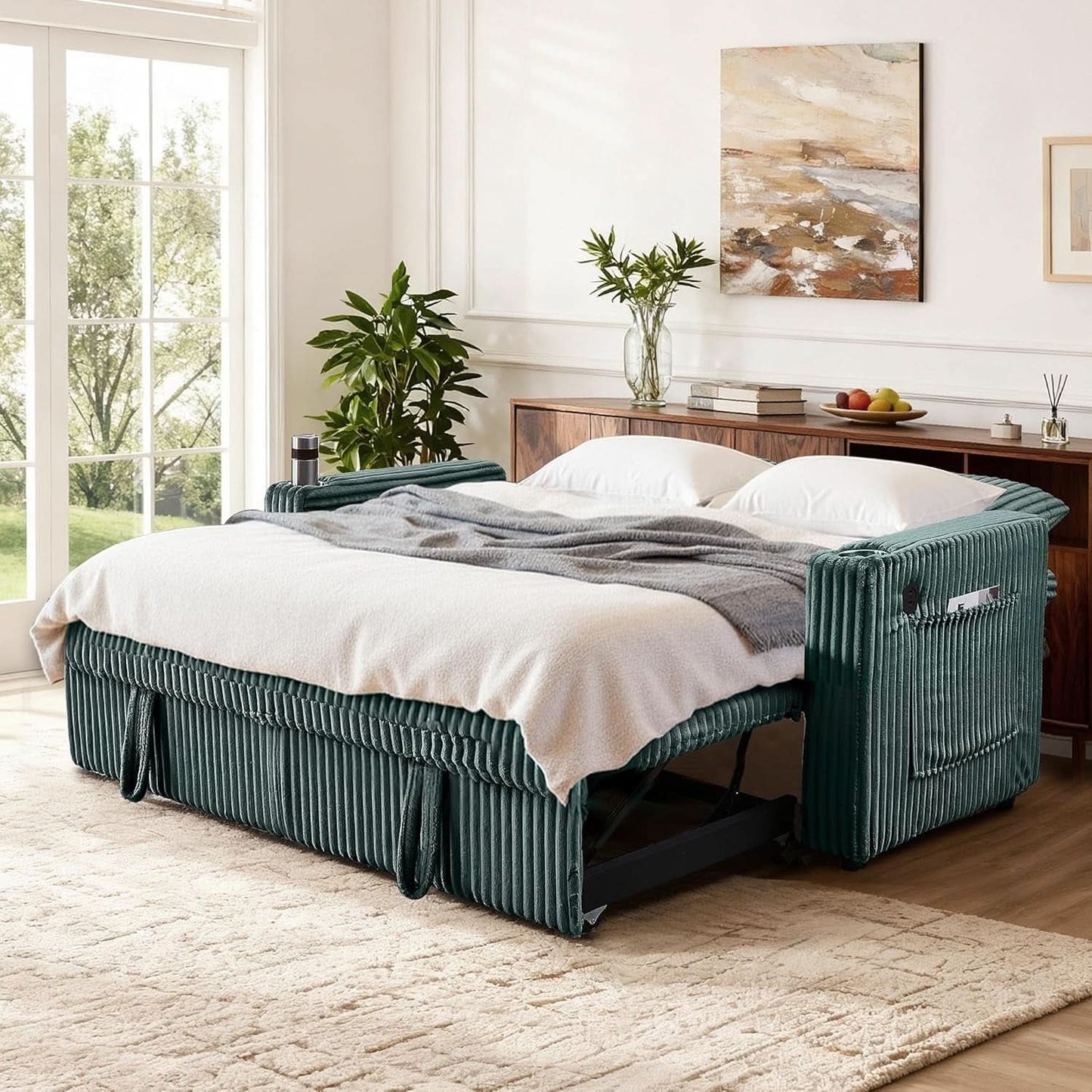 65Inch Sleeper Sofa Bed CorduroyFabric Emerald Green- ShipItFurniture- {{Product type}}