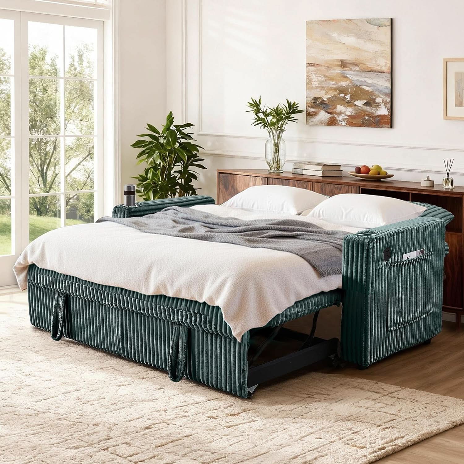 65Inch Sleeper Sofa Bed CorduroyFabric Emerald Green- ShipItFurniture- {{Product type}}