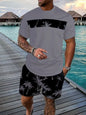 Men's Full Size Tropical Palm Tree Tee and Shorts Set Plus Size - Dark Gray -