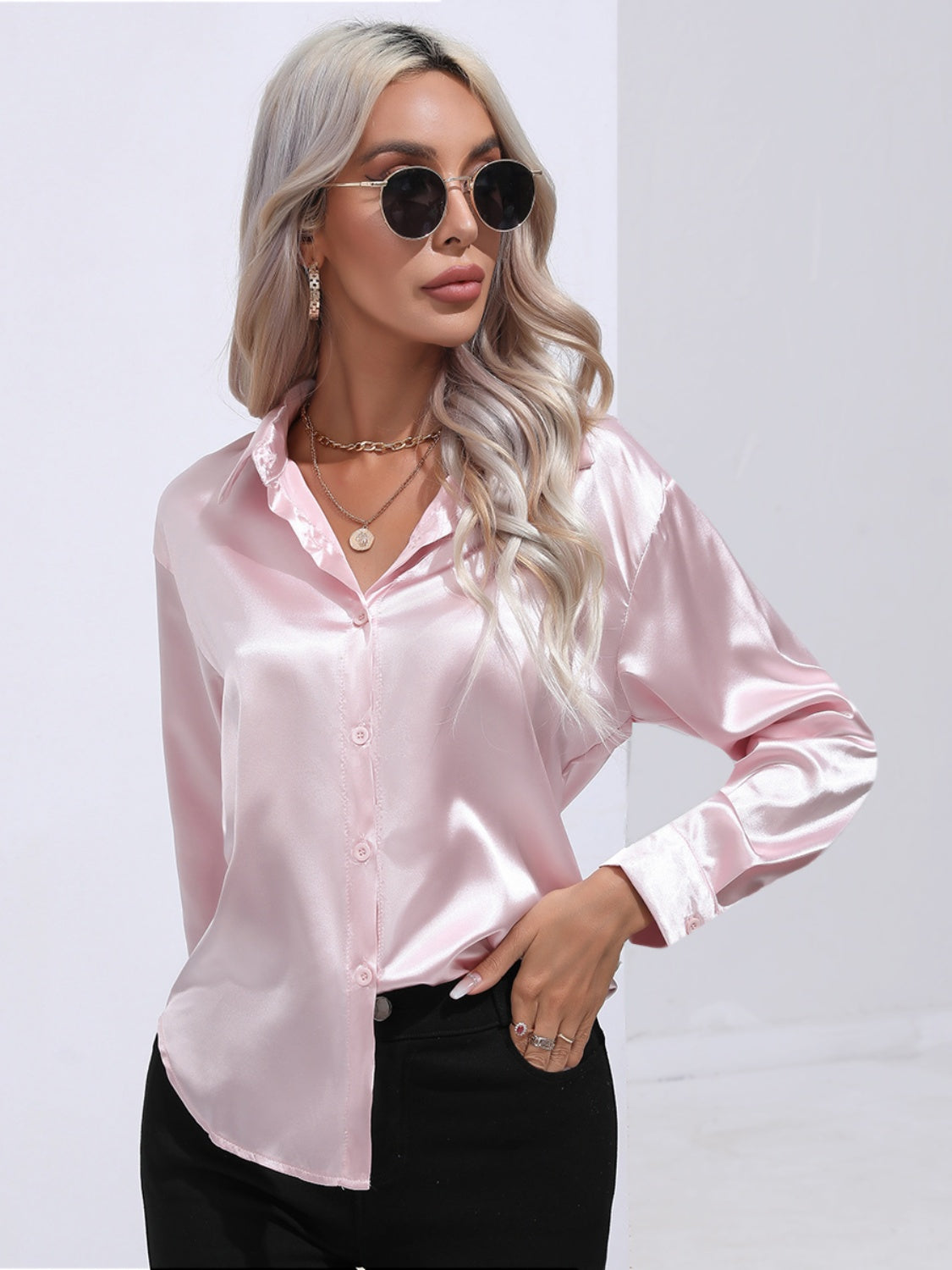 Collared Neck Buttoned Long Sleeve Shirt - -
