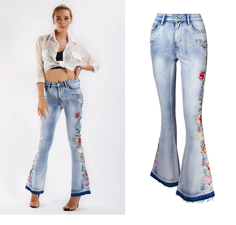 Women Flared Jean Mujer Embroidered Pants Flared Jean Extra Long Floral