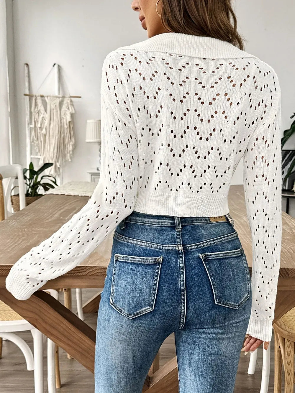 Openwork Collared Neck Long Sleeve Knit Top - -